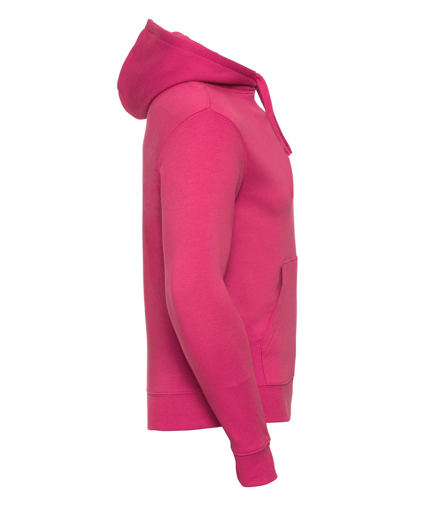Pink hoodie in profile with hood and pocket, The Workwear Hub.