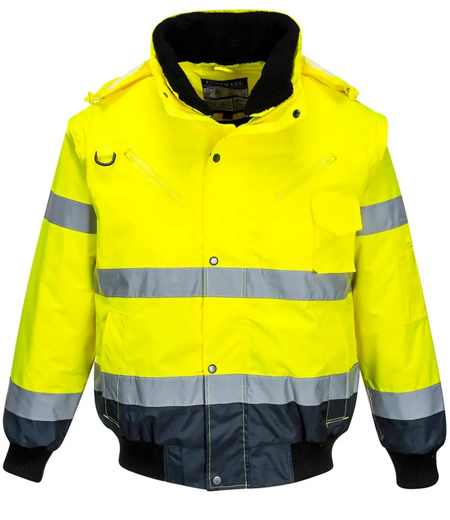 Yellow Portwest work jacket with reflective stripes and a black collar. The Workwear Hub