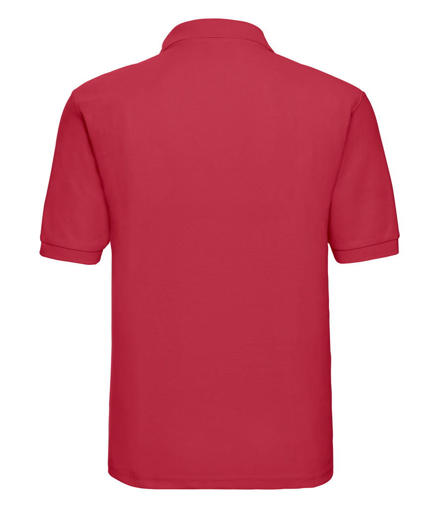 Rear view of a red JP003 AWDis Stretch Tipped Piqué Polo Shirt against white background