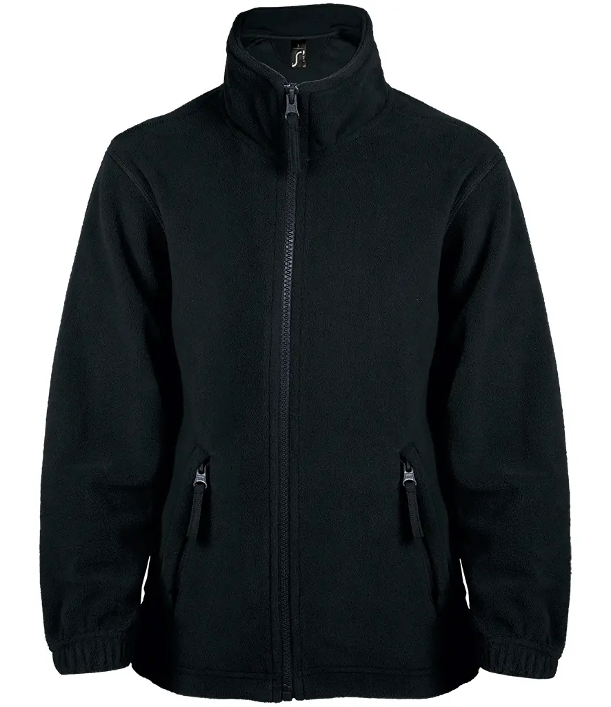 Black fleece jacket, 10589 SOL'S Kids North Fleece Jacket, with front zipper and pockets.
