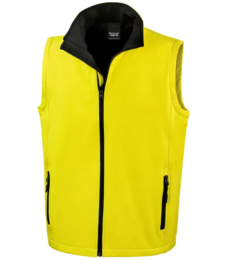 Bright yellow bodywarmer, black zip and collar detail. RS232M Result Core Printable Soft Shell Bodywarmer at Workwear Hub.