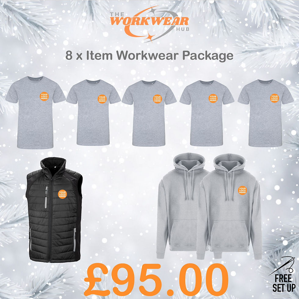 8 x Item Workwear Package featuring T-shirts, jacket, and hoodies for £95.00 The Workwear Hub.