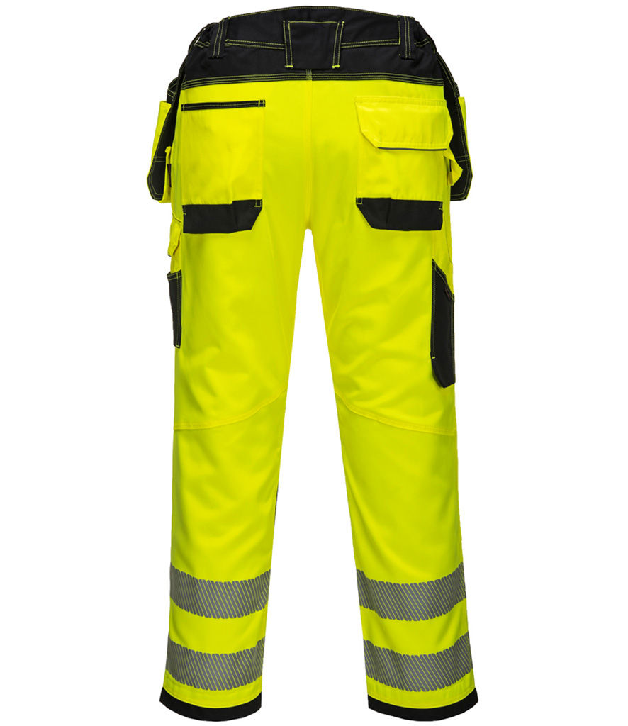Yellow work pants with multiple pockets and reflective bands, The Workwear Hub.