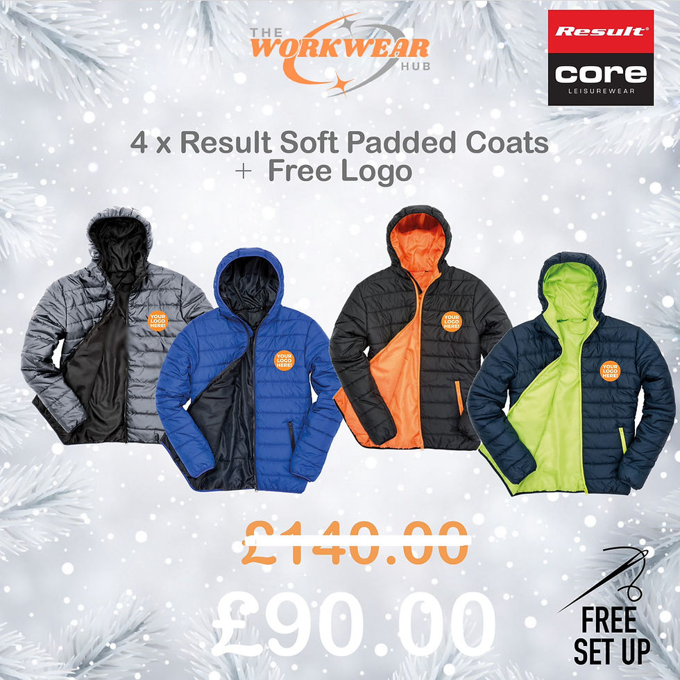 Four Result Soft Padded Coats with Free Logo, discounted from £140.00 to £90.00. The Workwear Hub