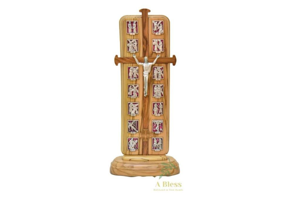 Olive Wood Cross with 14 Stations, Light & Prayer