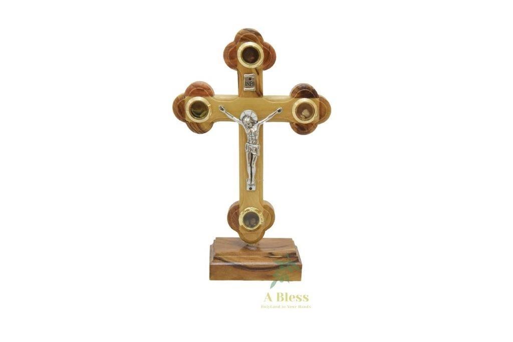 Olive Wood Byzantine Cross on a Stand with Holy Items