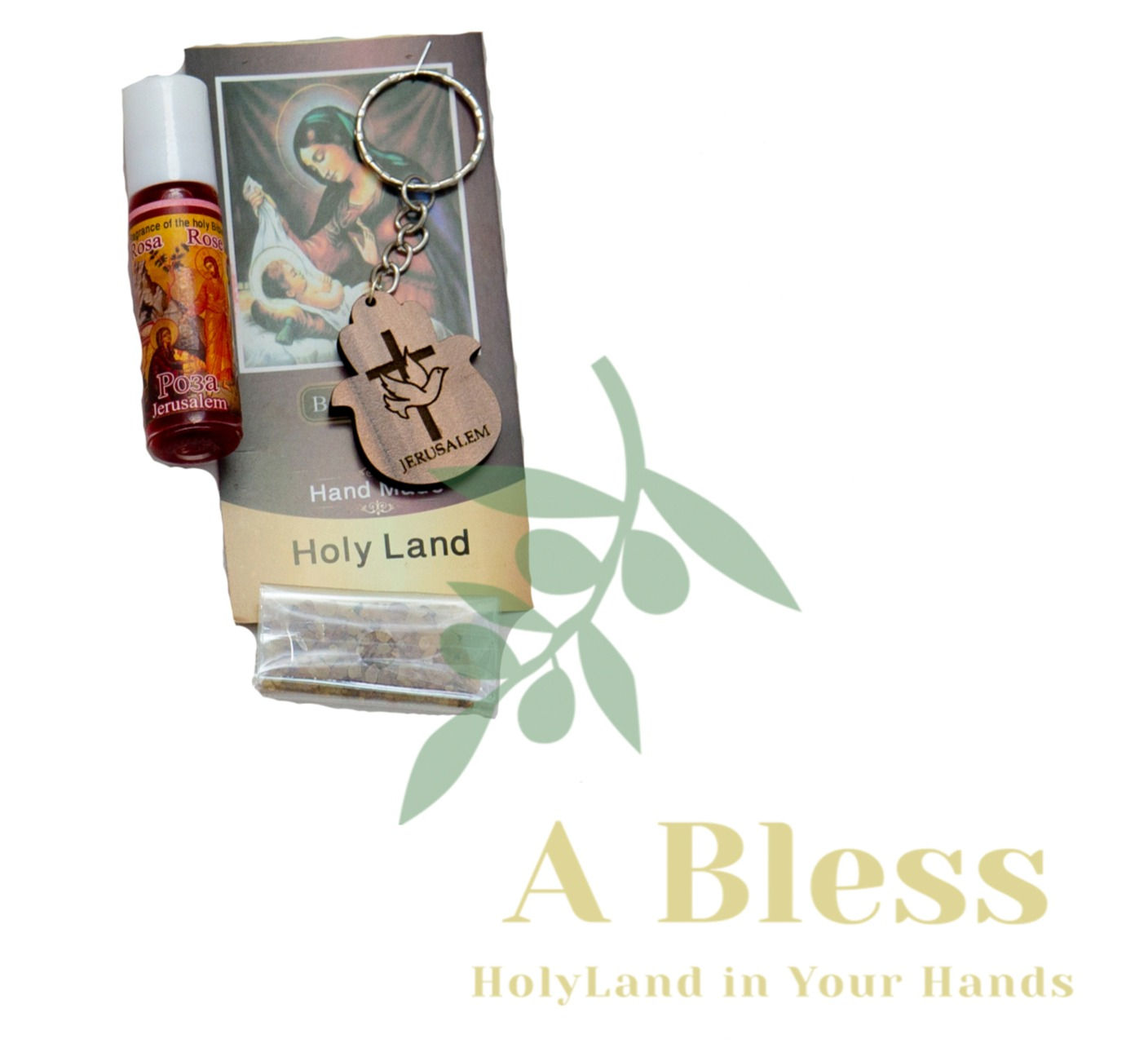 Wood Cross & pigeon Key Chain with Anointing Oil & Frankincense