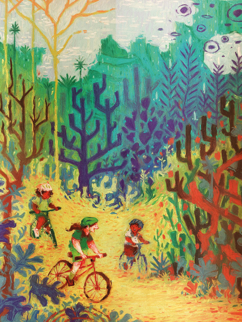 Illustration of a woman and two teenagers riding bikes on a colourful park on Serra da Capivara