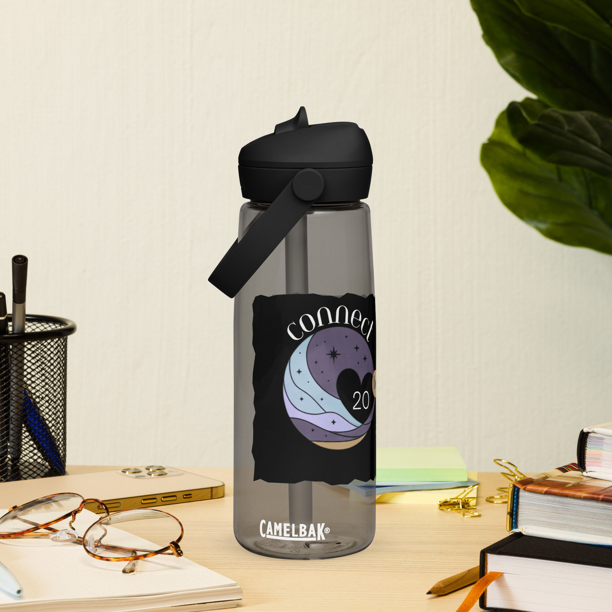 Flip straw water bottle- Connect To Empower Logo Grey Lid