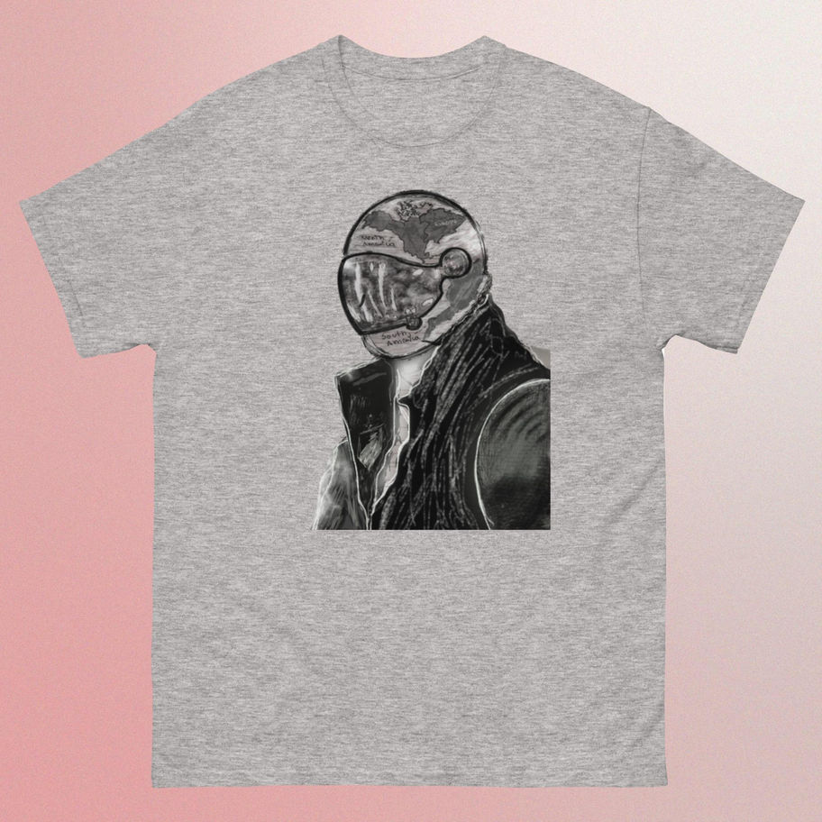 Gray t-shirt with a black and white illustration 