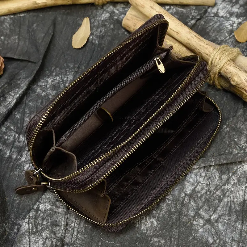 Thumbnail: Luxury Double Zipper Genuine Leather Long Wallet Phone Card Coin Organizer