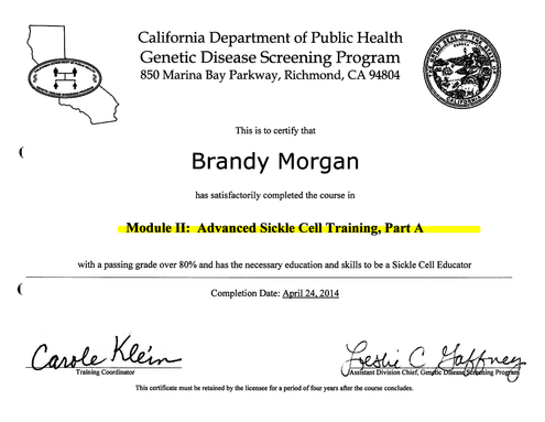 Brandy Morgan, Advanced Sickle Cell Training Certificate