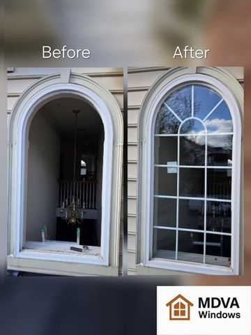 efore and after custom arched window replacement showing foggy glass repaired with clear energy-efficient window in Clarksburg MD