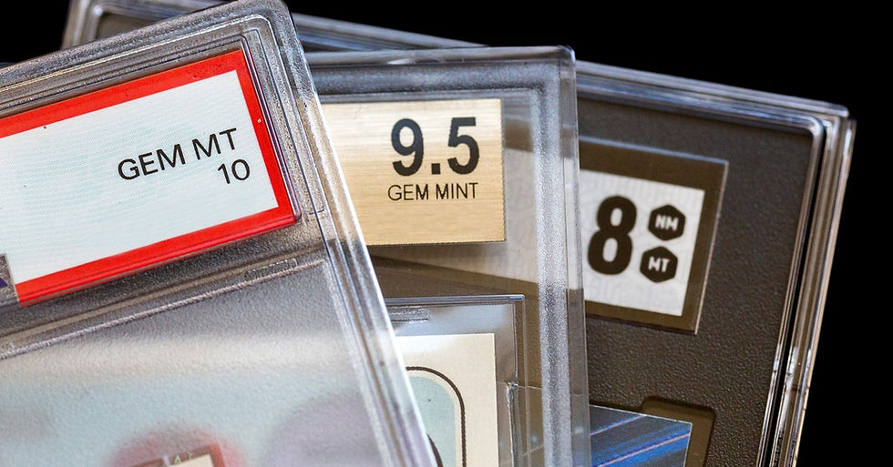 A close view of graded sports cards in clear cases showing the labels GEM MT 10, 9.5 GEM MINT, and 8 NM MT.