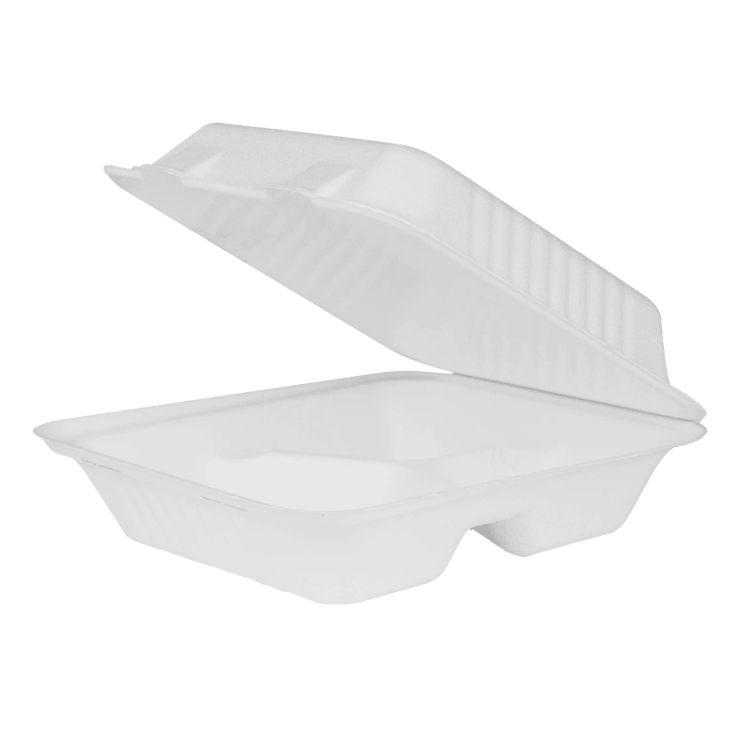 9" 3 Compartment Bagasse Hinged Container