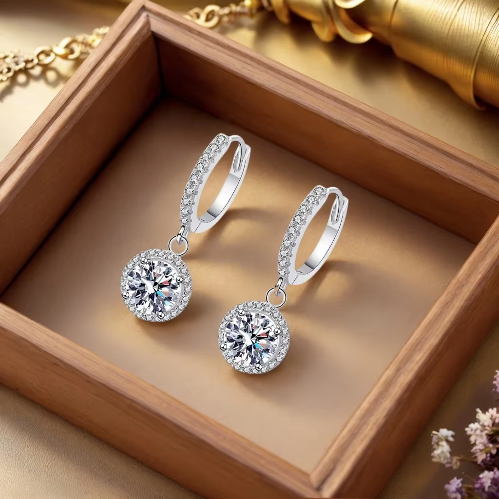 925 Sterling Silver 1 Carat Moissanite Round Earrings for Women Luxury Evening S