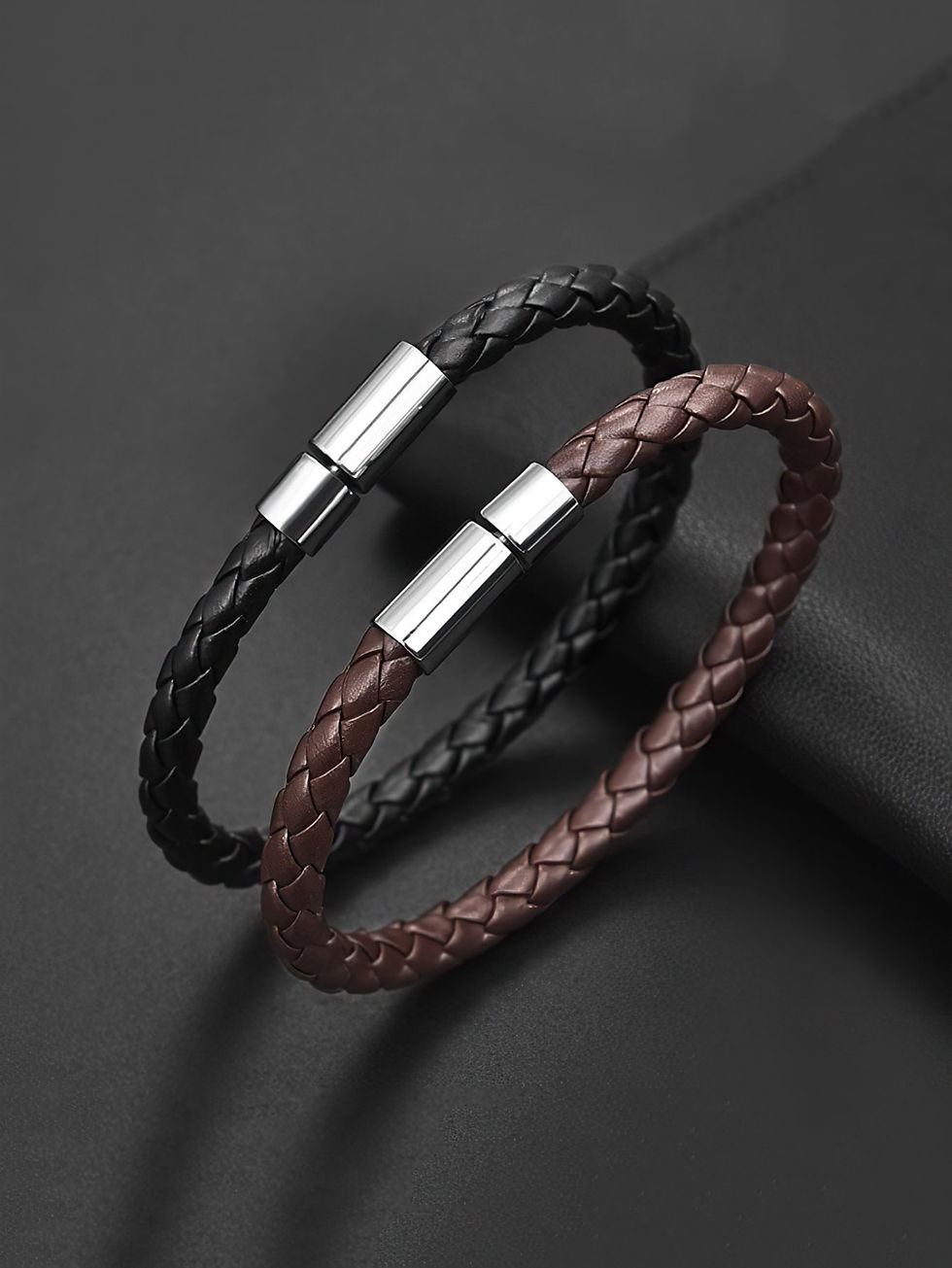 Thumbnail: 2PCS Black Plus Brown PU Leather Men's Magnetic Suction Bracelet Business The Ma