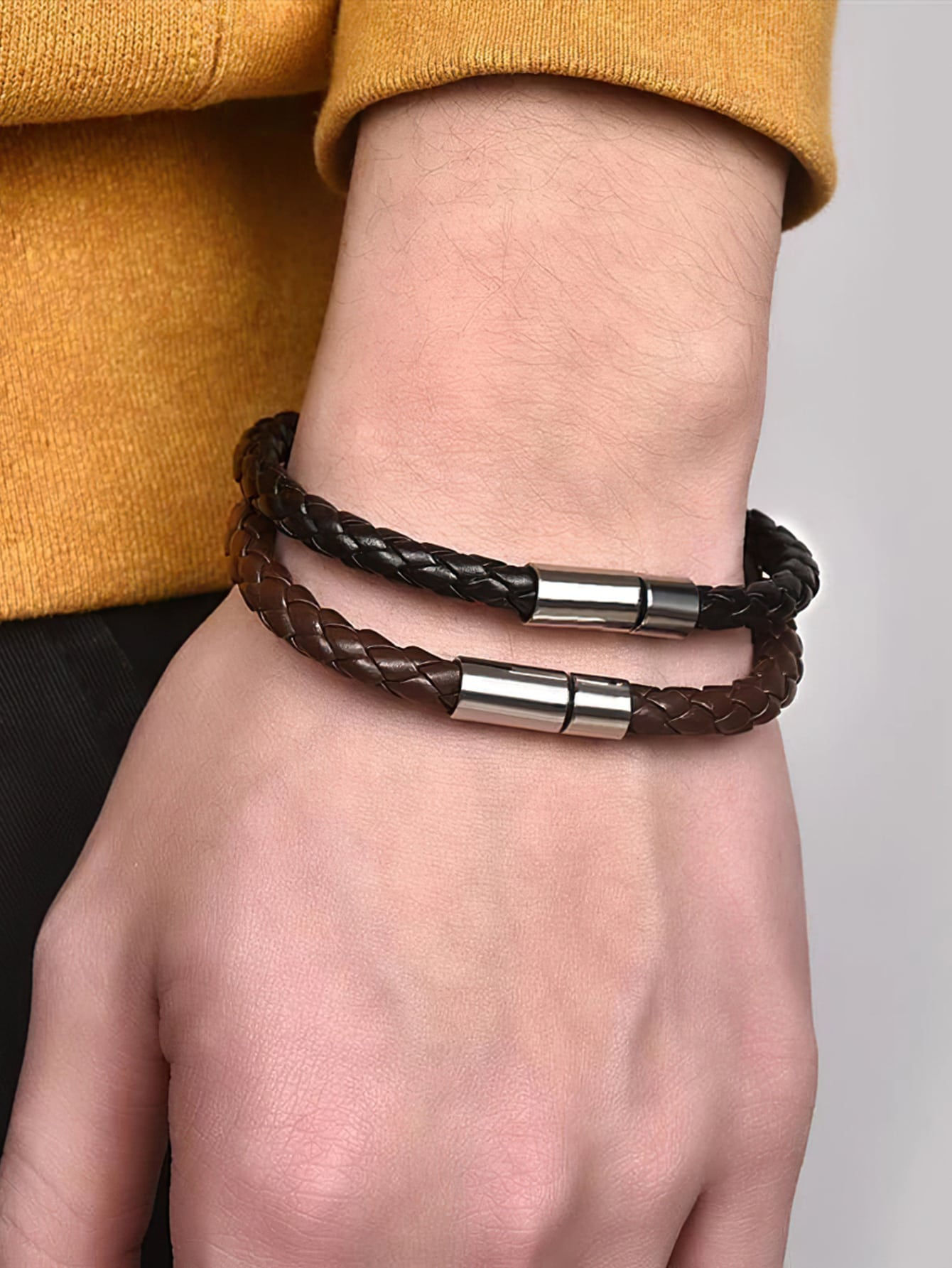 2PCS Black Plus Brown PU Leather Men's Magnetic Suction Bracelet Business The Ma