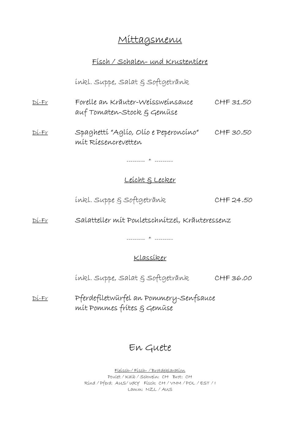 Aktuelles Mittagsmenü Vinato