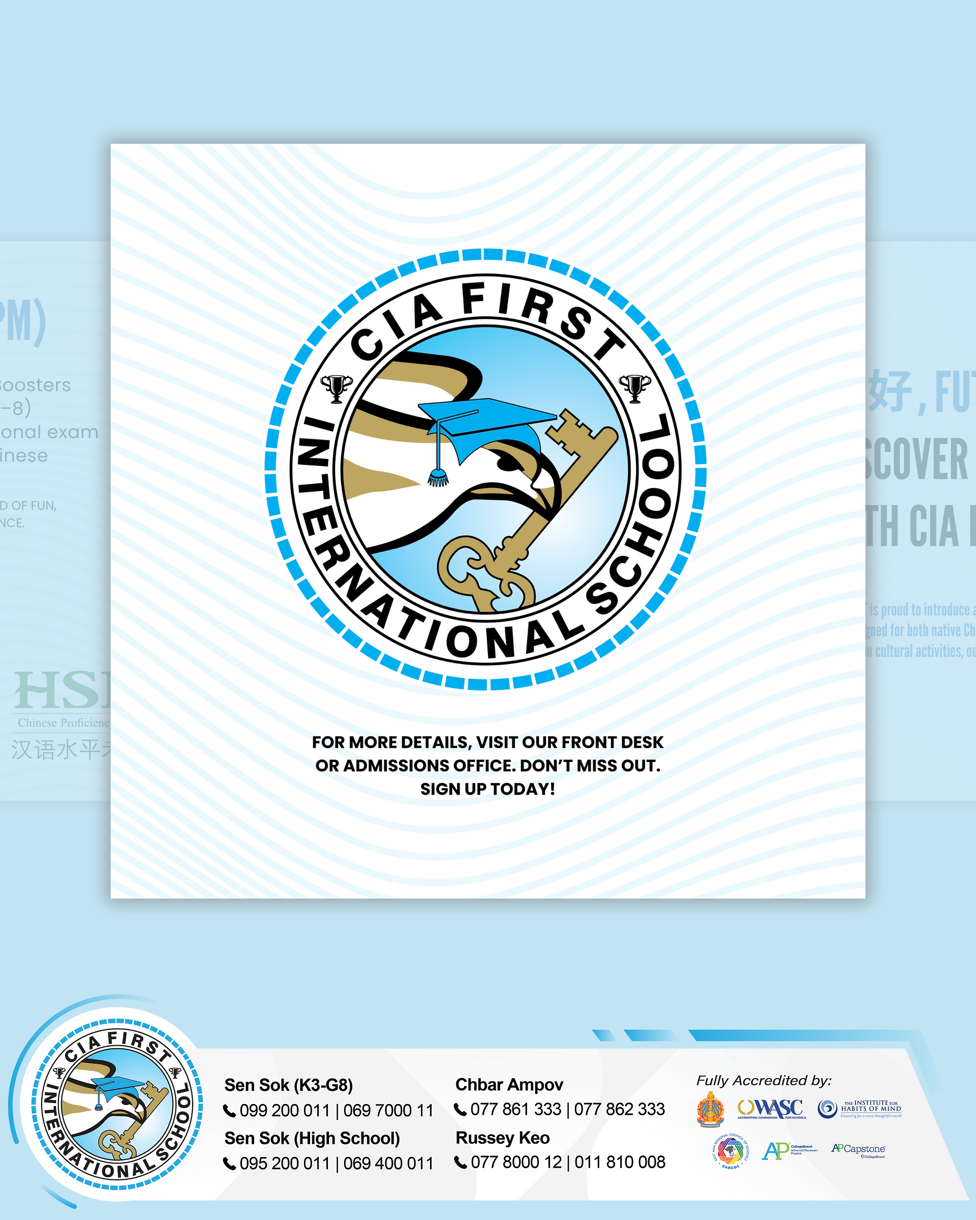 An artwork that list call-to-action for the Chinese Program offer at CIA FIRST Sen Sok
