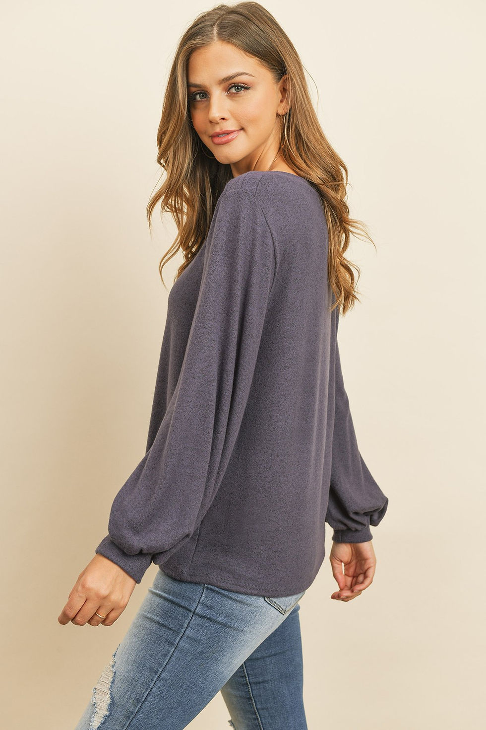 Thumbnail: Puff Sleeved Boat Neck Two Toned Brushed Hacci Top