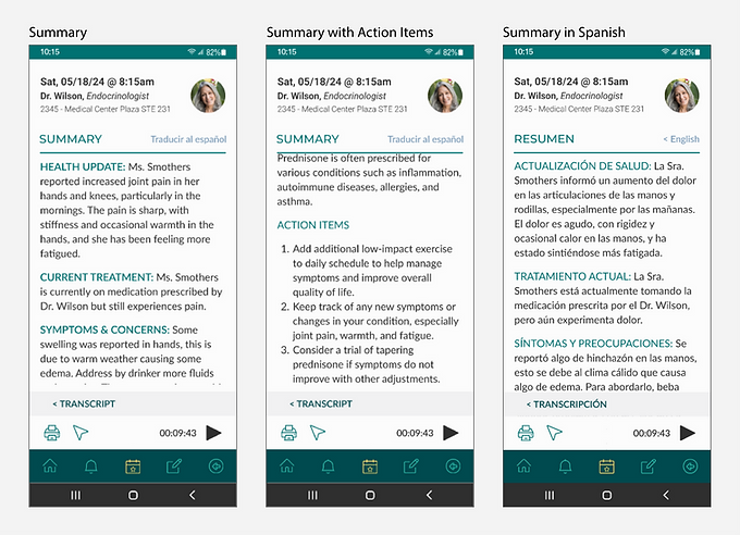 Screens: Transcription Summary, Summary with Action Items shown, and Summary in Spanish