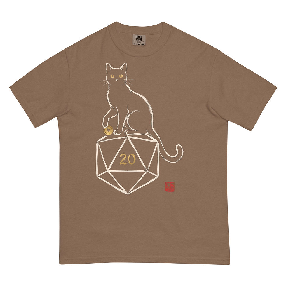Thumbnail: The Familiar | Cat and d20 Sumi-e Ink Shirt | TTRPG Tee