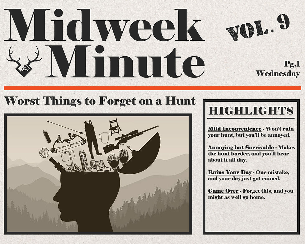 A ranked list of the worst things to forget on a hunt, from minor inconveniences to total disasters. Covers forgotten essentials like coffee, gloves, and chairs, all the way to critical mistakes like leaving behind ammo, a gun, or a fire starter. Includes a humorous take on THP’s most commonly forgotten items and the consequences of each mistake.