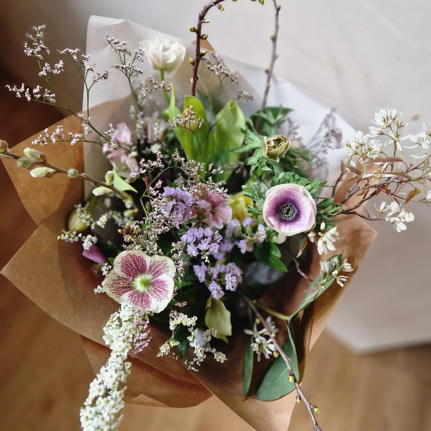 natural spring bouquet in lilac and white