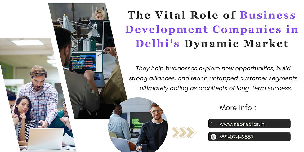 Business team collaborating at laptops with code on screens. Text highlights role of Delhi business development firms. Contact info visible.