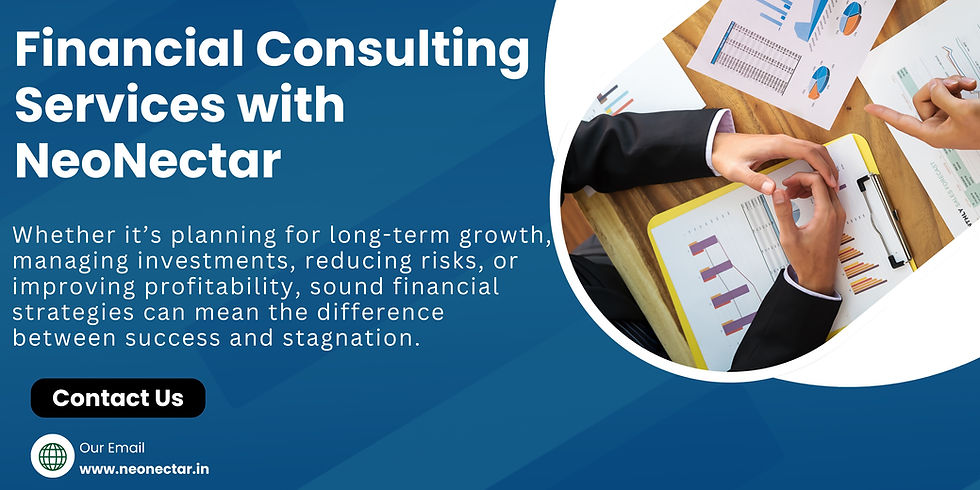 Two people discuss charts on a table. Text reads: Financial Consulting Services with NeoNectar. Blue background, contact info included.