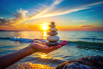 Hand holding stones with sunset background
