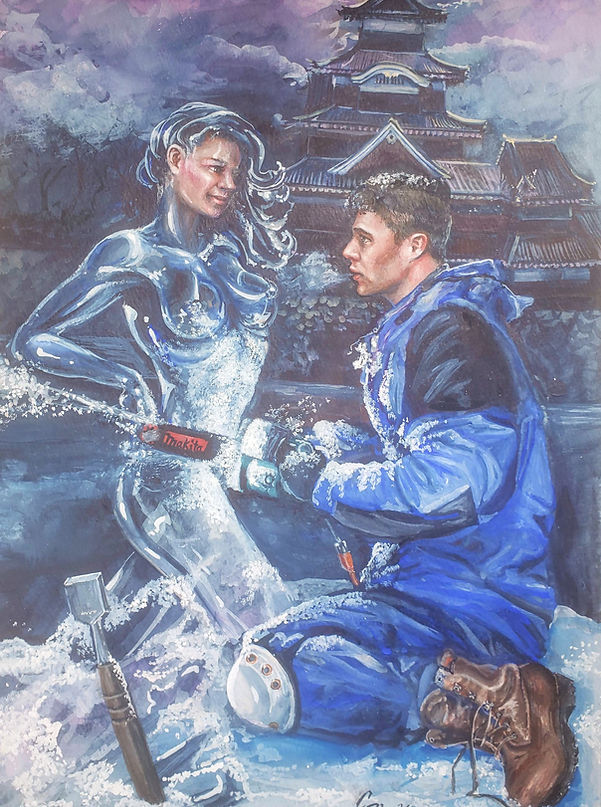 Magic-Moments-etc- watercolor-painting-of-ice-sculptor-and- his-living-art