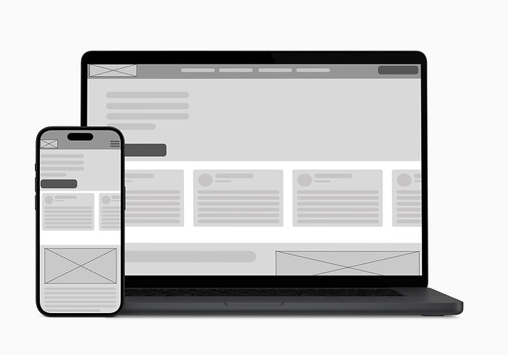low fidelity mockup wireframe of a web design on bath laptop and iphone