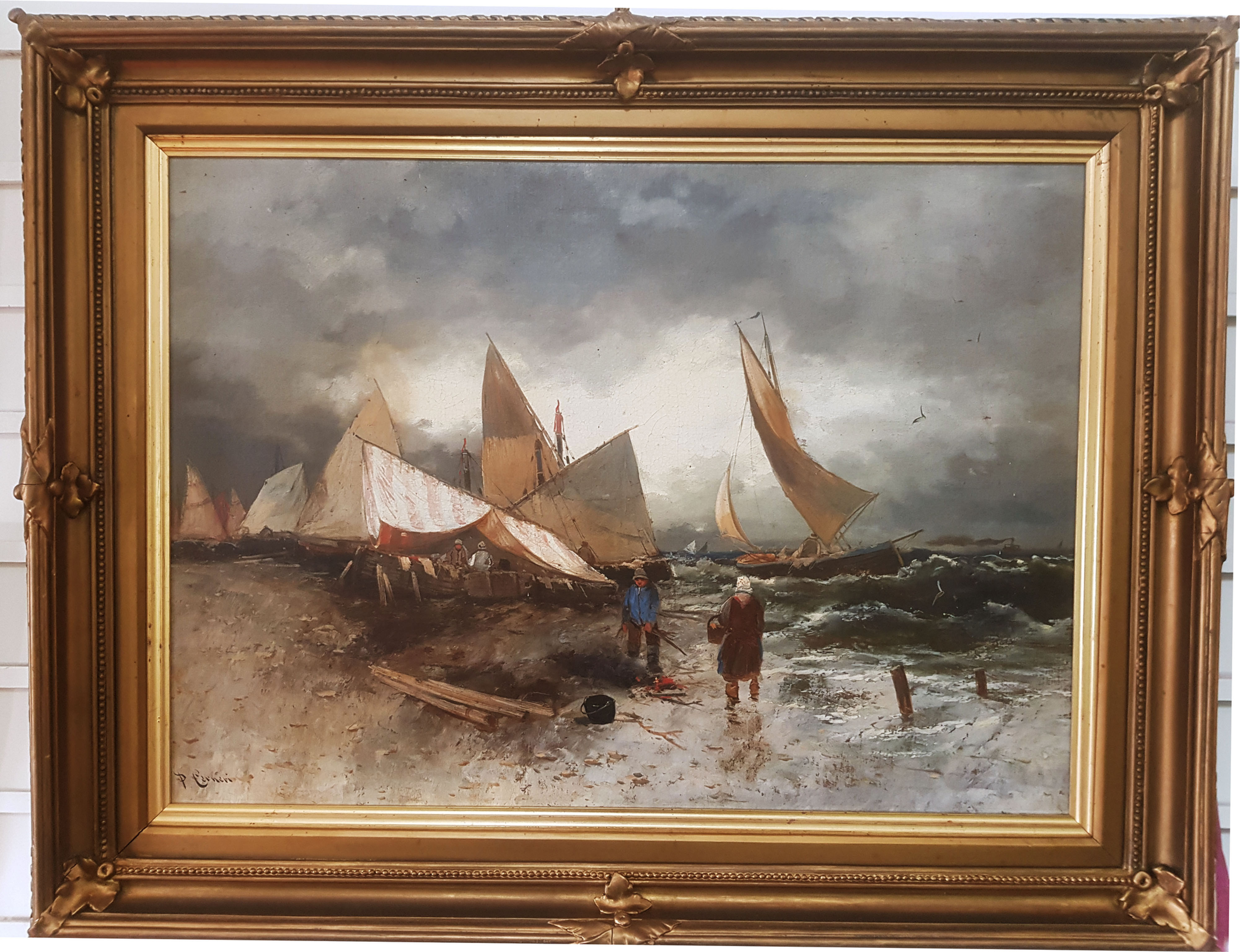 FLEMISH FISHING BOATS LANDING THE CATCH. P. Cerverni. c.1880