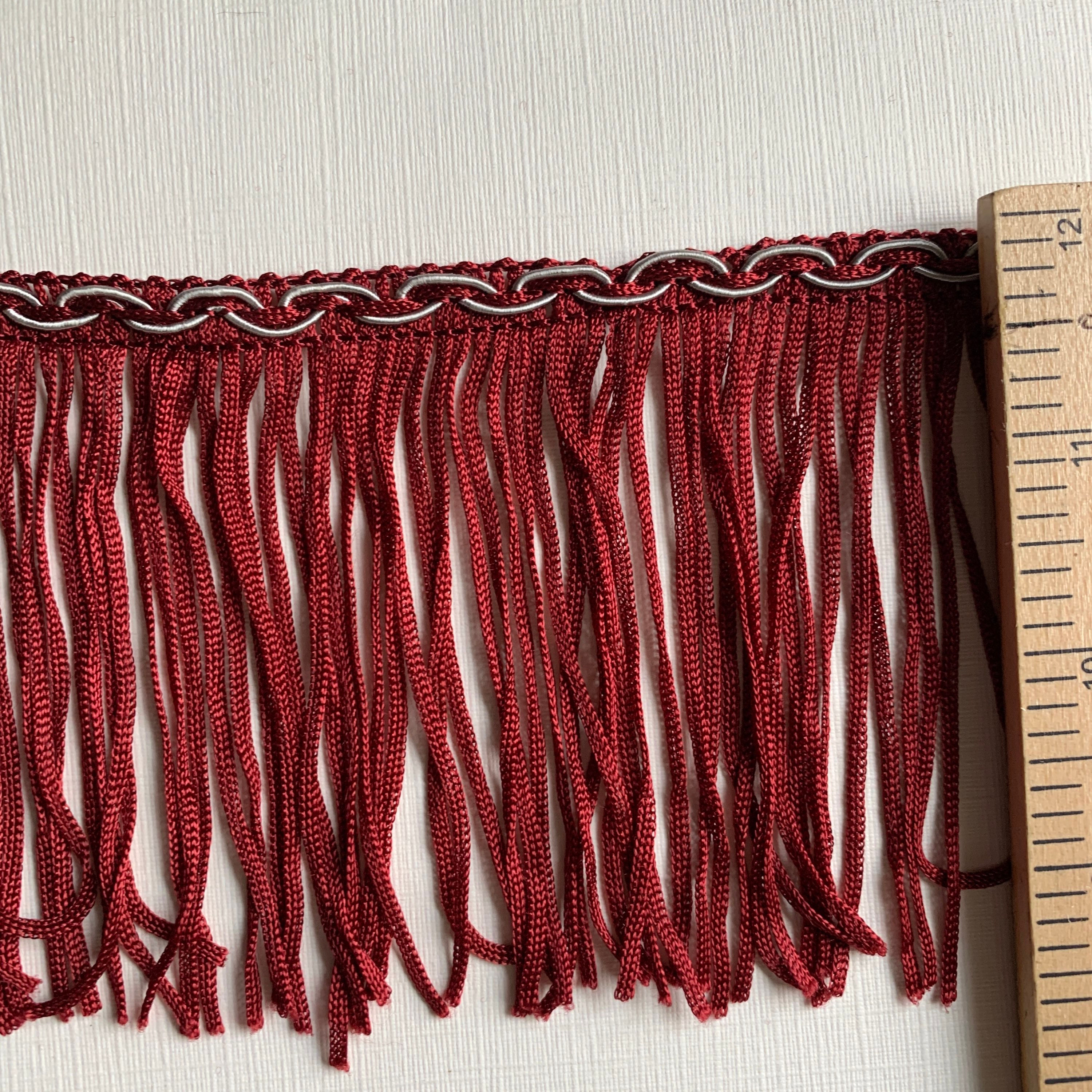 1m vintage 9cm BURGUNDY-RED lampshade fringe with silver braid header trim F008