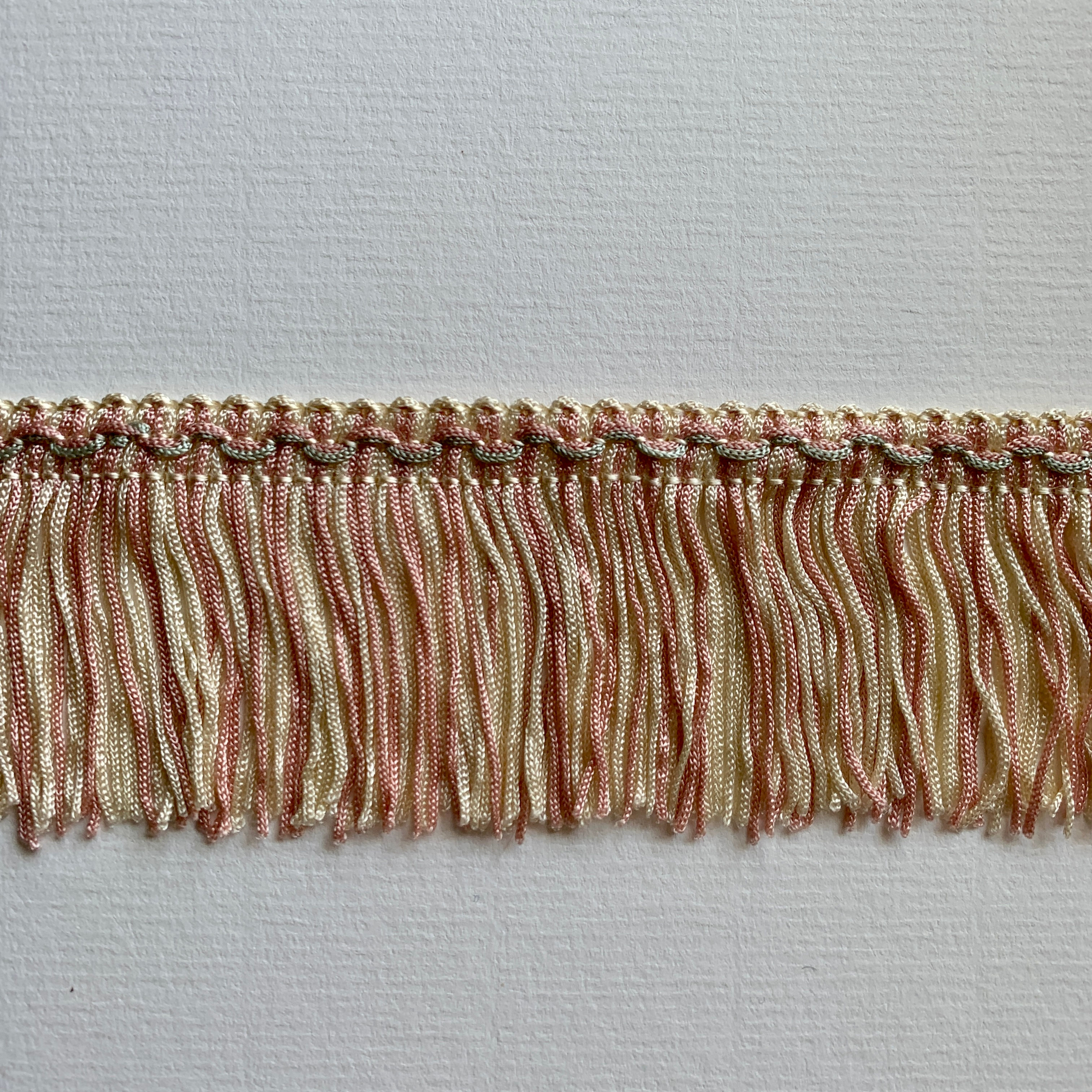 (W2) Full card 25m PINK/cream 5cm lampshade fringe with duck-egg blue braid