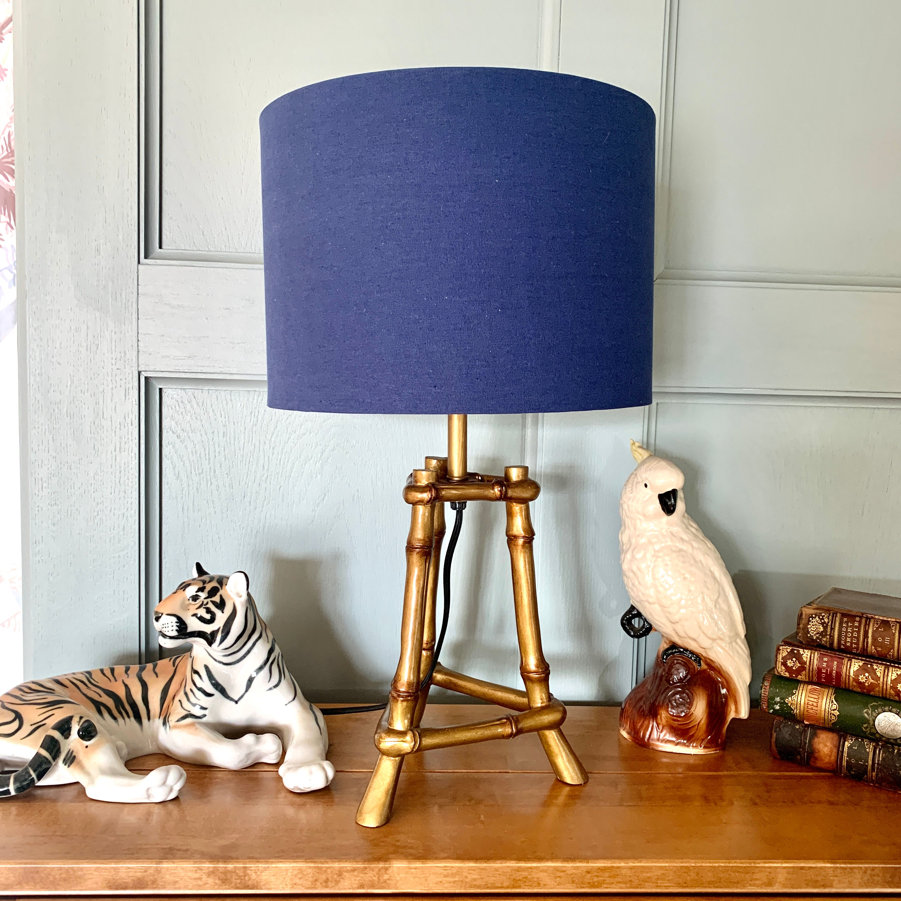 Gold Bamboo Tripod Base Table Lamp with navy blue 30cm Linen Lampshade
