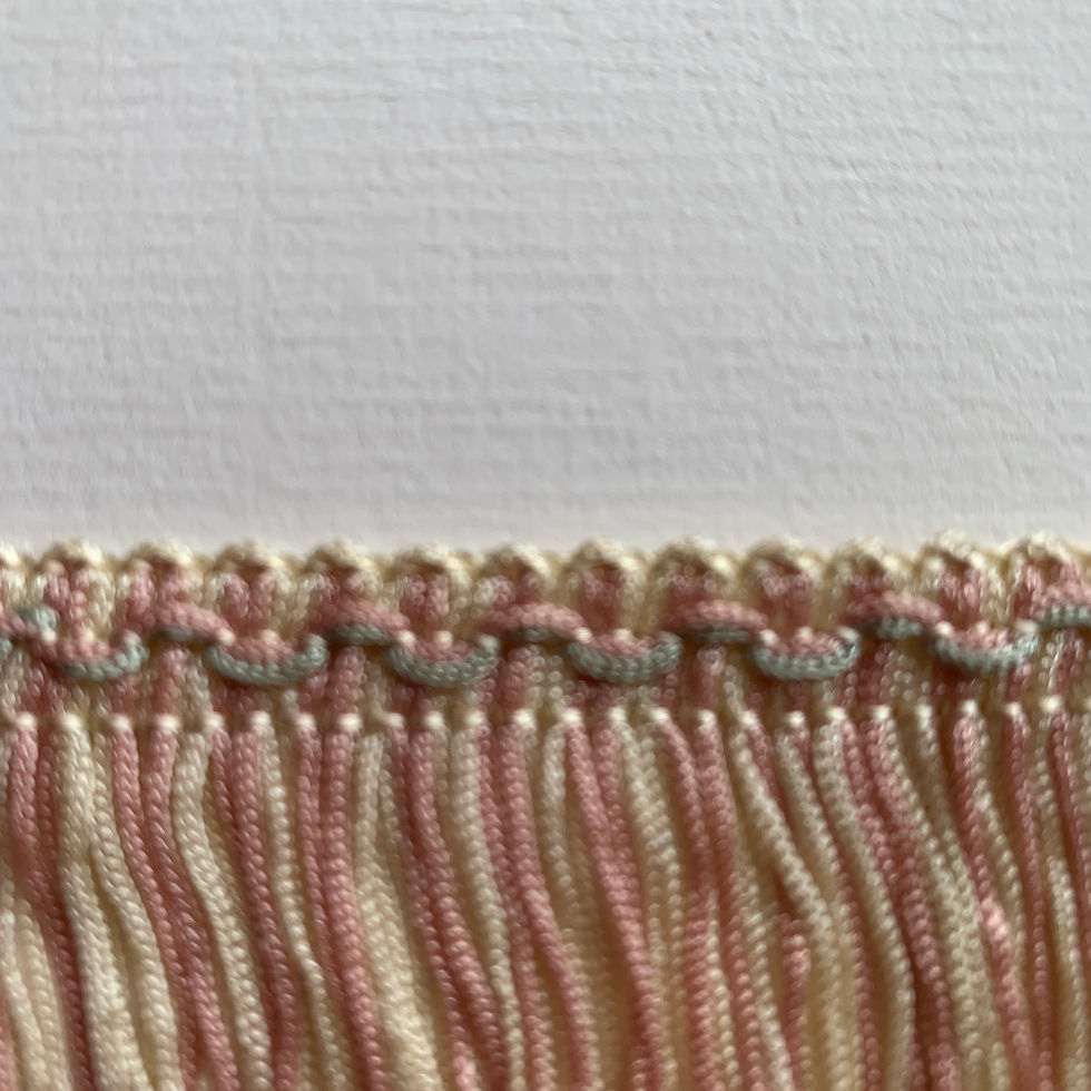 Thumbnail: (W2) Full card 25m PINK/cream 5cm lampshade fringe with duck-egg blue braid