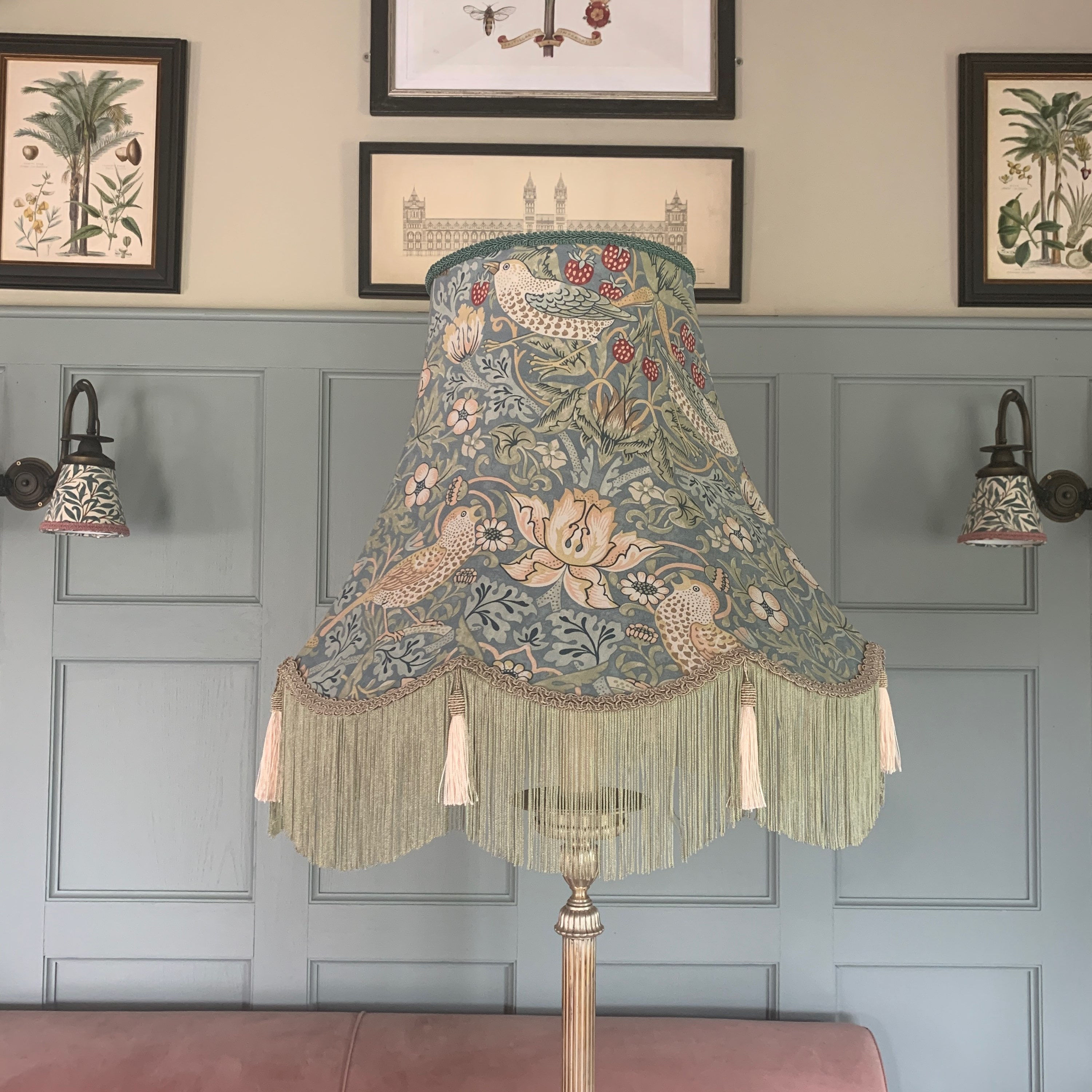 William Morris 'Strawberry Thief' vellum/slate large 22" lampshade w. tassels