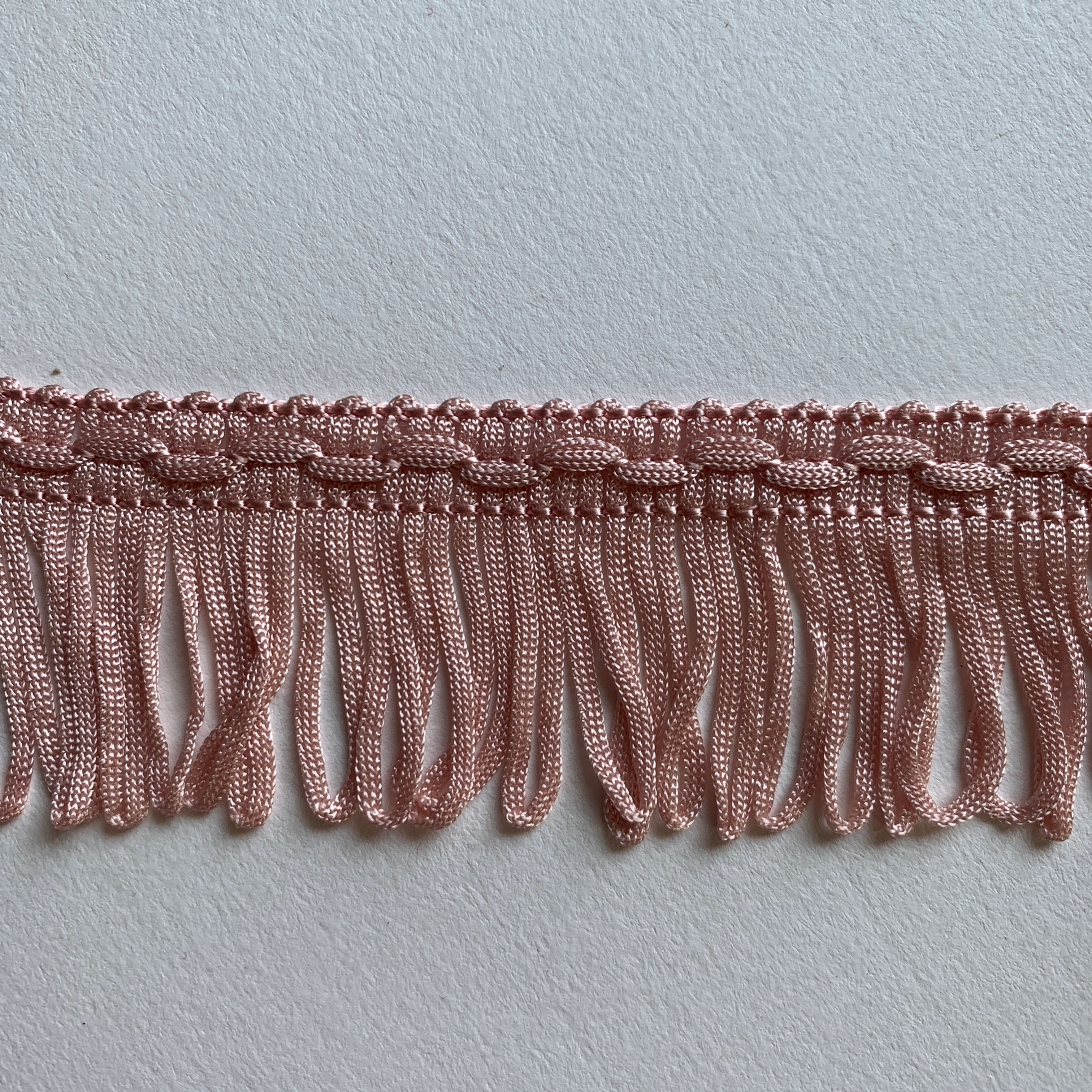 (W5) Full card 50m pastel pink 3.5cm looped lampshade fringe with braid header