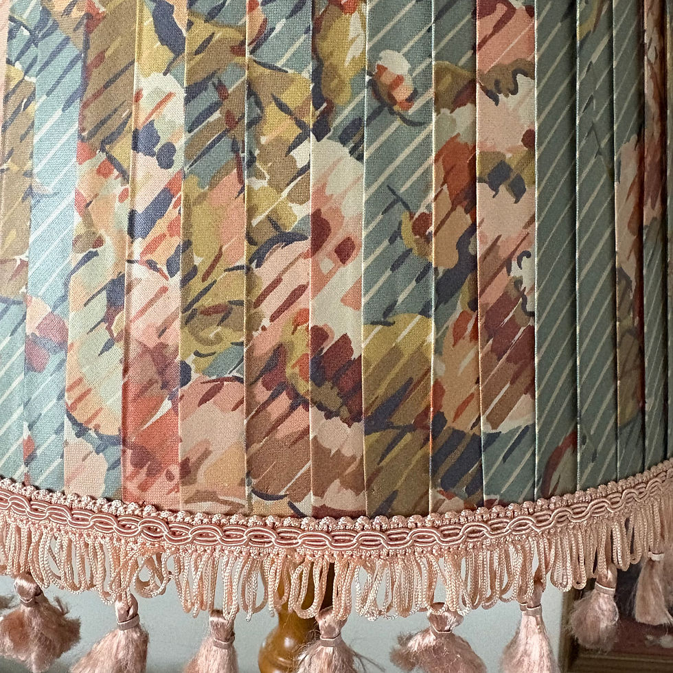 Thumbnail: Vintage 1980’s blue-grey/salmon pink floral cotton sateen pleated lampshade