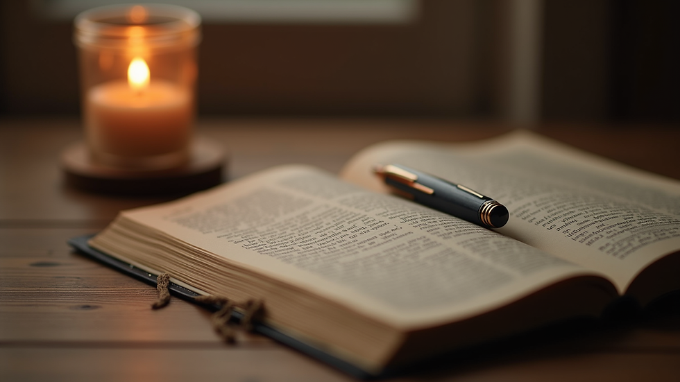 Close-up view of a journal and pen beside a lit candle for spiritual reflection