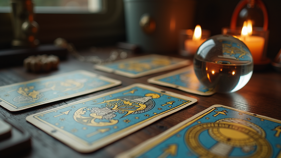 Close-up view of tarot cards laid out on a table with a crystal ball nearby