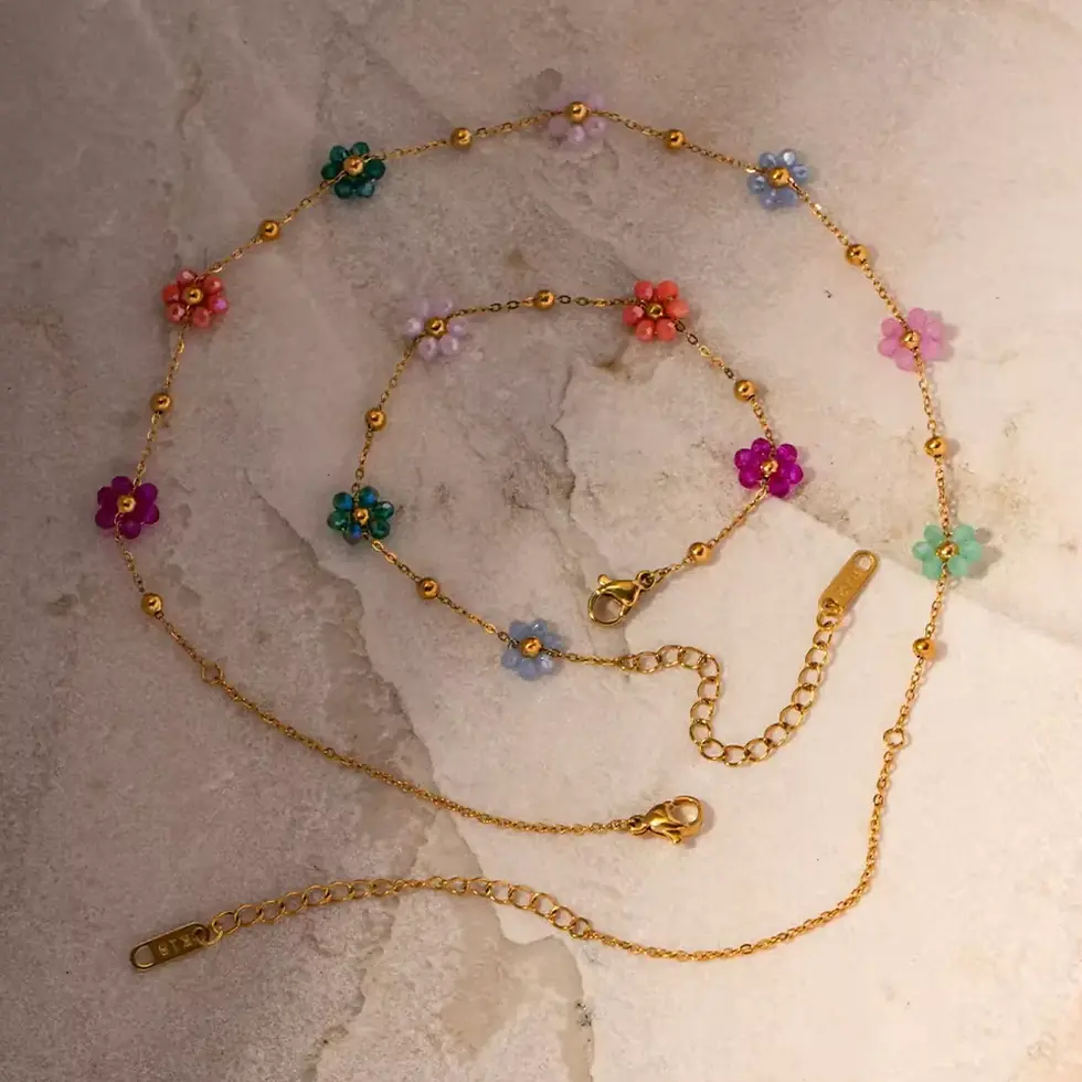Necklace and bracelet - multi colour beaded flowers