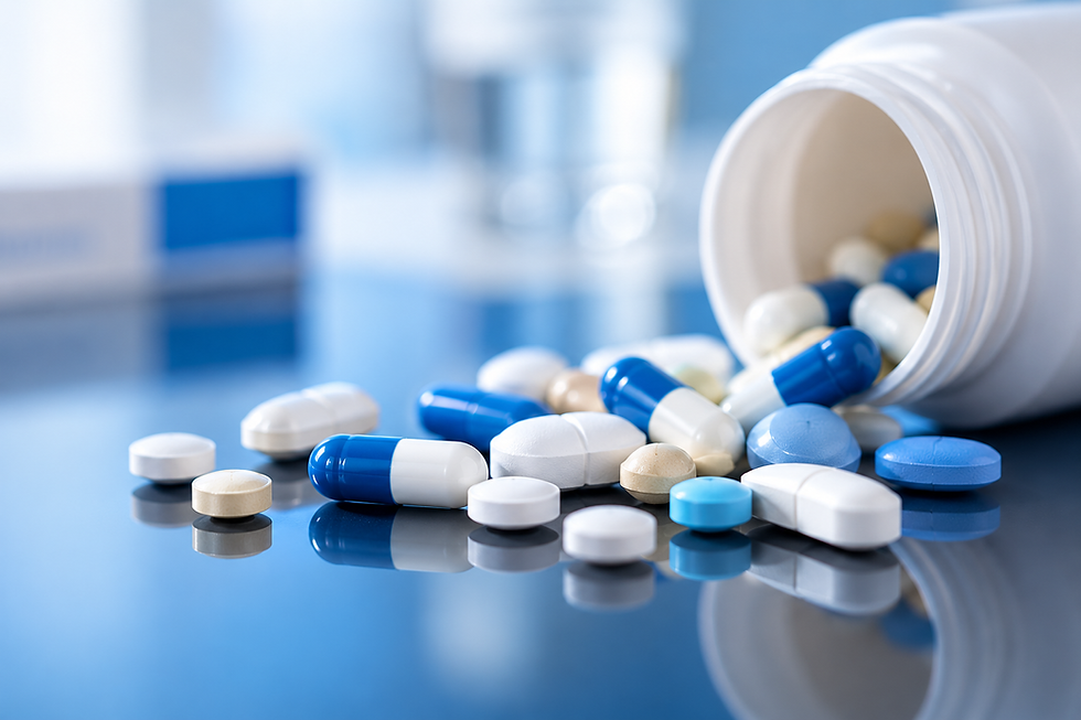 Antibióticos em comprimidos e cápsulas espalhados sobre uma superfície azul, ao lado de um frasco de medicamentos aberto, representando o uso de antibióticos.
