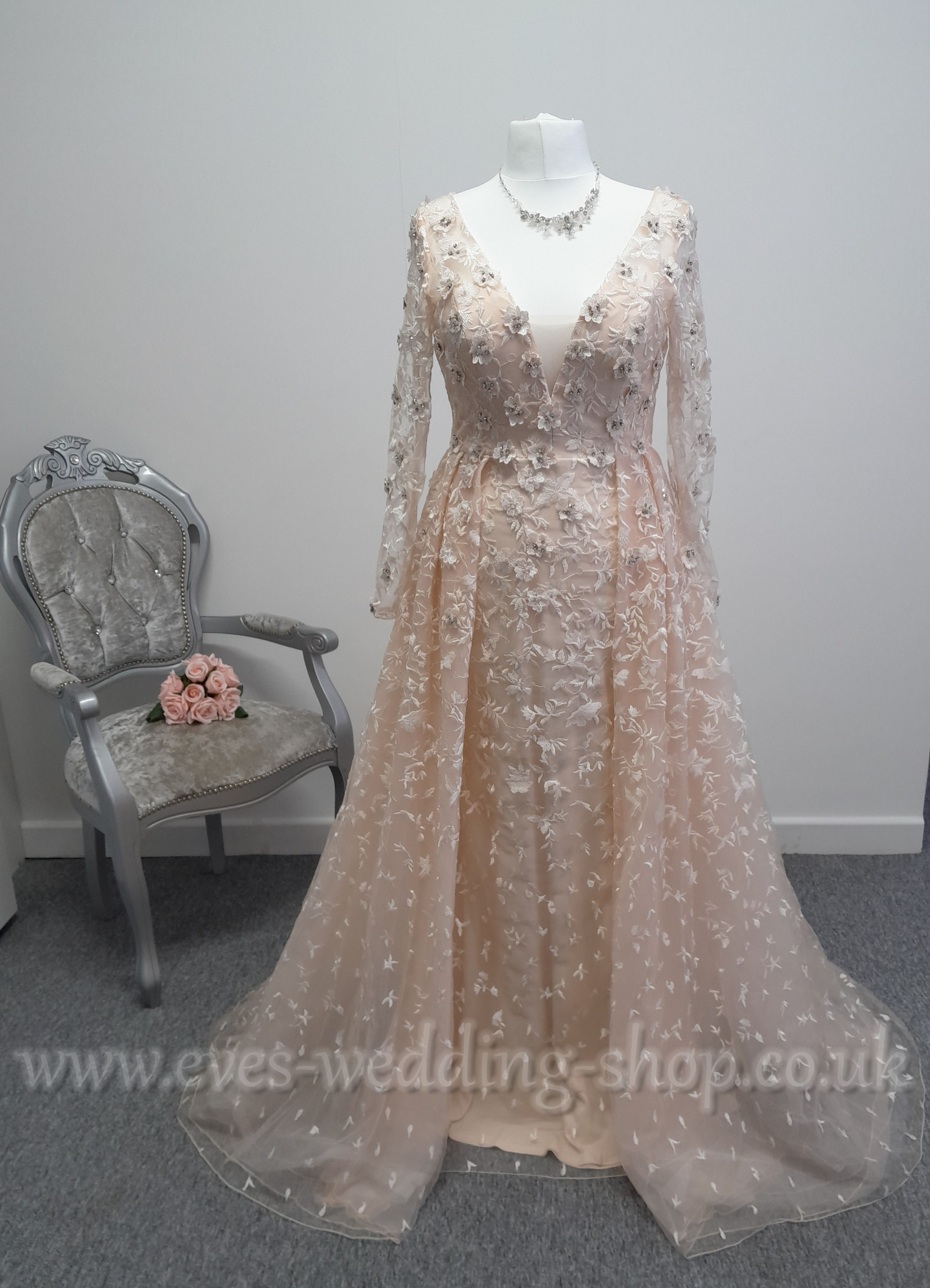 White one ''Olias'' pink wedding dress with sleeves UK 14