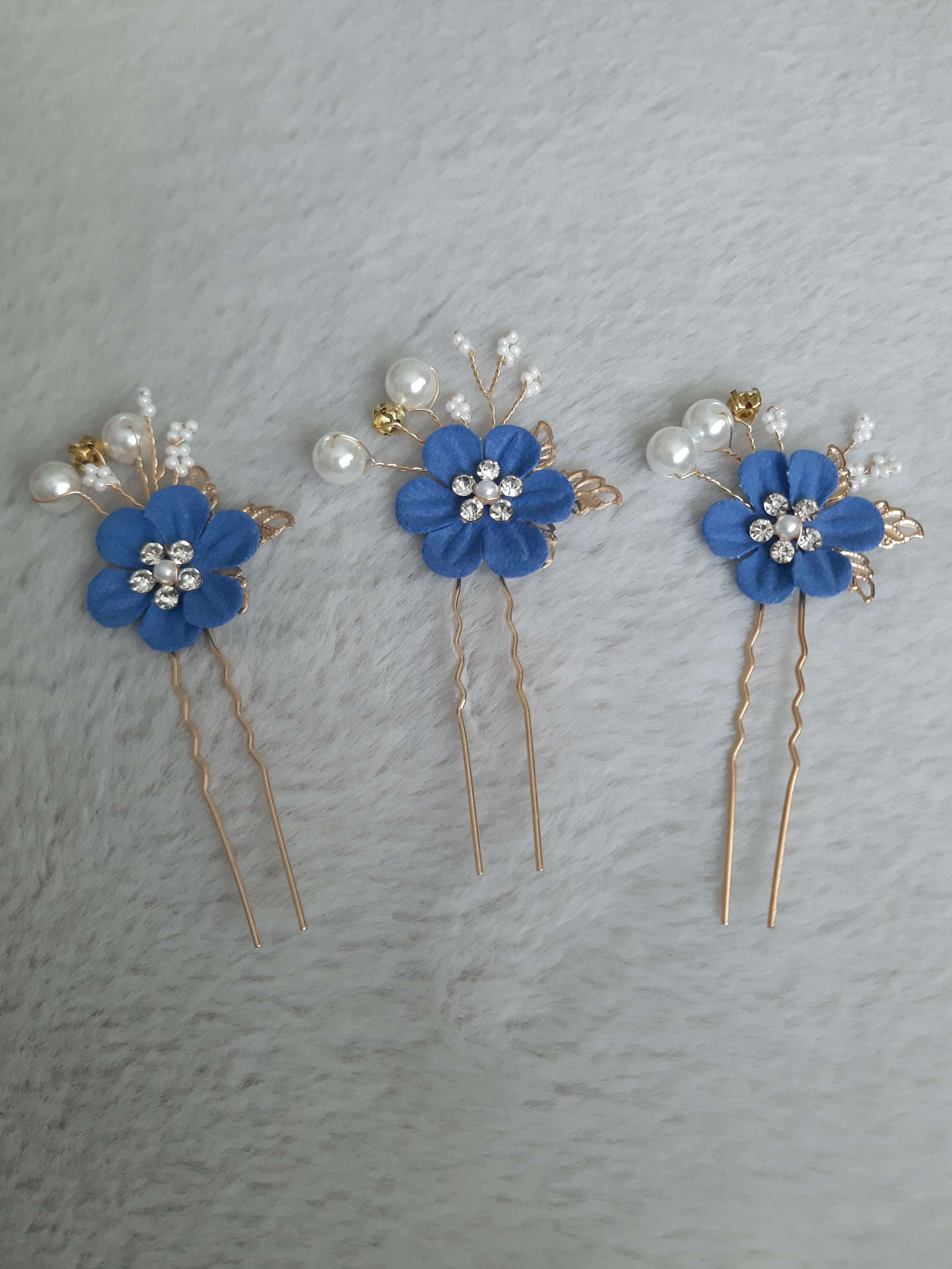 3x gold blue colour wedding bridesmaid hair pins