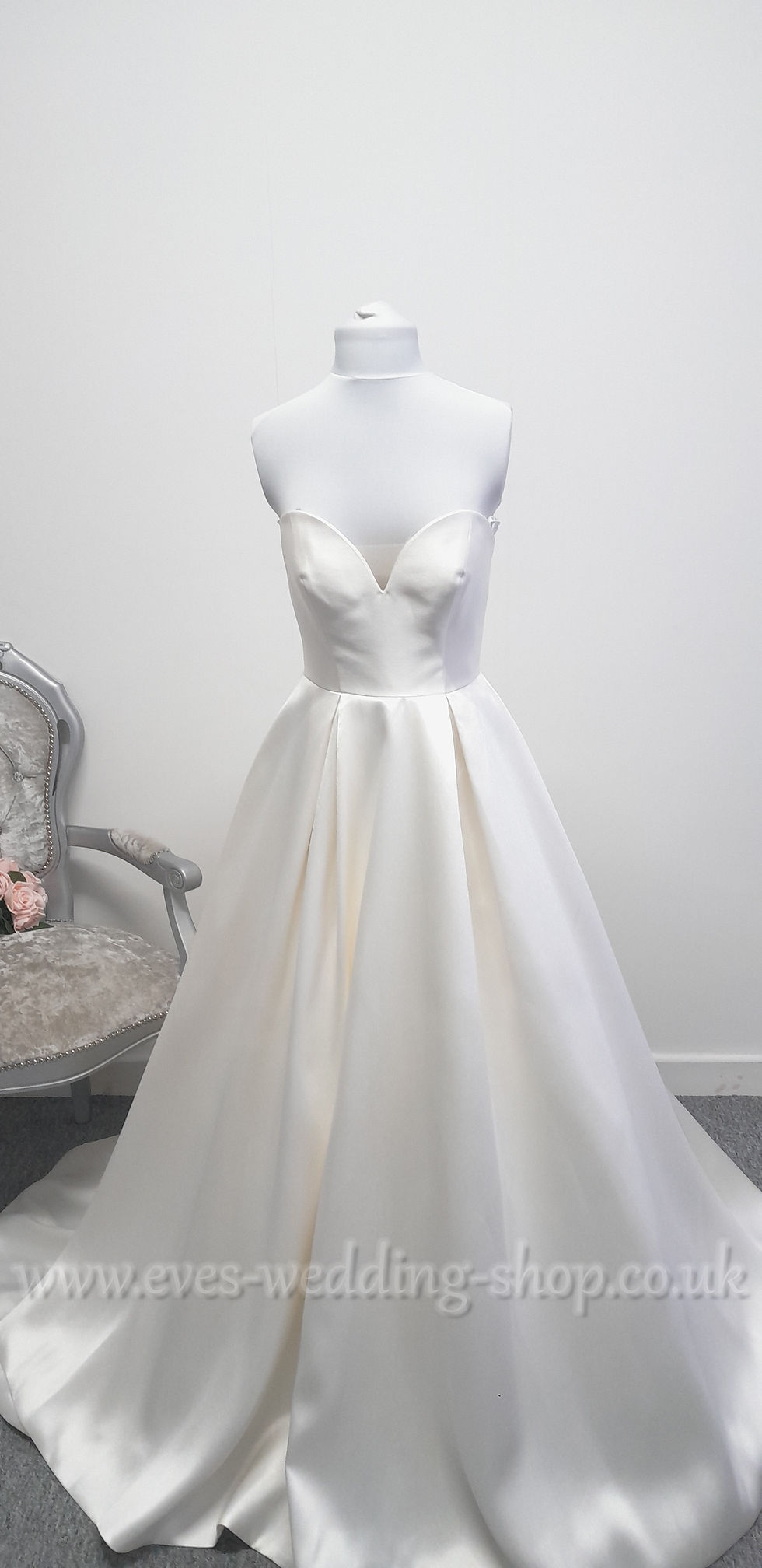 Thumbnail: LJ mikado satin bardot wedding dress with pockets UK 10