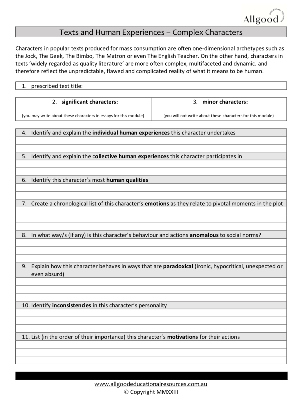 Texts and Human Experiences - Complex Character Worksheet